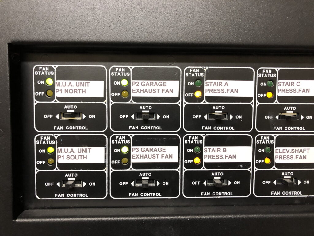 The image shows a control panel for a building's ventilation and pressurization system. It features multiple labeled switches and indicators for various fans, including make-up air (M.U.A.) units, garage exhaust fans, stairwell pressurization fans, and an elevator shaft pressurization fan. Each section has a fan status indicator light (green for "on" and yellow for "off") and a three-way switch with "Off," "Auto," and "On" settings for manual or automatic fan control. This type of panel is commonly used in high-rise buildings to maintain proper air exhaust, smoke control, and pressurization in emergency situations.