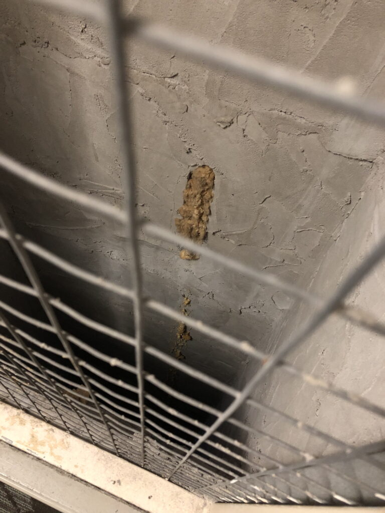 The image shows a smoke shaft, made of masonry designed for smoke ventilation, typically found in buildings to aid in fire safety and smoke control. The shaft is lined with concrete or plaster and has a visible rough patch, possibly a firestopping seal or a repair in the wall. A metal wire mesh is installed in the foreground, likely serving as a protective barrier to prevent unauthorized access or debris from entering the shaft. The shaft appears to extend downward, indicating its function in channeling smoke safely out of the building during a fire emergency. The shaft spans the entire height of the apartment building and has a door access on every floor level for firefighters to ventilate the building where excessive smoke is present hampering firefighting activities.